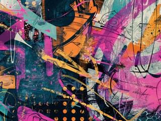Abstract Digital Painting with Vibrant Colors and Bold Strokes, Featuring a Mix of Geometric Shapes and Organic Lines, Creating a Chaotic and Energetic Composition.