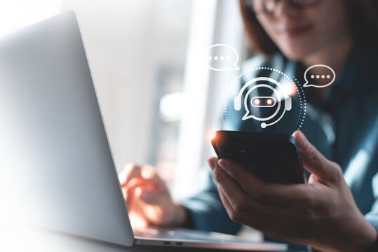 Digital chatbot, internet bot application, conversation assistant, AI Artificial Intelligence. Woman using mobile smart phone chatting with customer service, AI chatbot automatic answering