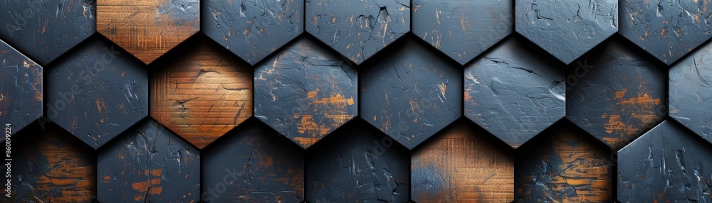 Poster abstract hexagonal pattern with blue and brown tones.