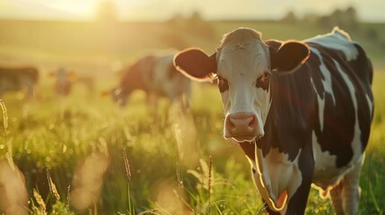 Concept banner livestock agriculture industry of cattle. Portrait Holstein Cows in modern farm with sunlight, AI Generative