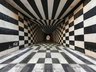 Naklejka premium Black and White Checkerboard Pattern Tunnel with Distorted Stripes on Ceiling Leading to a Doorway