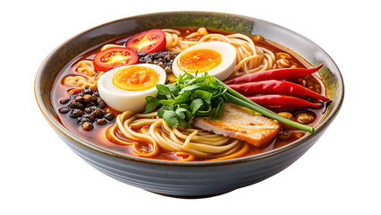 Spicy Ramen Bowl with Steaming Broth, Transparent Background