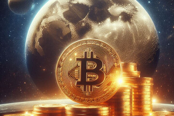 Gold Bitcoin to the moon ideas, bitcoin in space with the moon as a backdrop