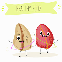 Cute cola nut characters, funny nuts, with different activities, outdoor, sports, musical instrument.