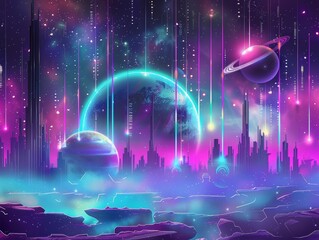Obraz premium Futuristic Cityscape with Planets, Stars, and Neon Lights