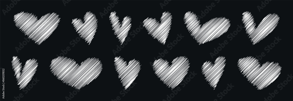 Poster set of simple hearts. hand drawn shapes collection. heart icons with scribble shading texture. chalk