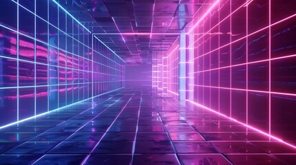 Obraz premium Futuristic Neon Grid Corridor with Pink and Blue Lights - Cyberpunk Aesthetic
