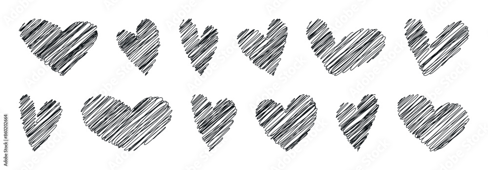 Poster set of simple hearts. hand drawn shapes collection. heart icons with scribble shading texture. chalk