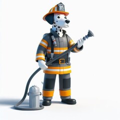 A cartoonish fireman dog is holding a hose and standing next to a fire hydrant
