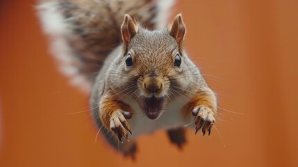 Obraz premium Jumping Squirrel: a cute Squirrel isolated against an orange background. 