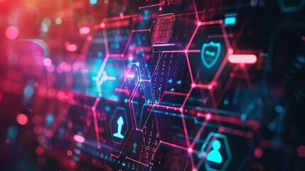 A backdrop filled with geometric shapes and symbols related to cyber security