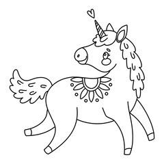 Cute magical unicorn coloring page. Romantic magical pony Hand drawn doodle, line art isolated for Greeting card, poster, print coloring book for kids and adults. Vector illustration