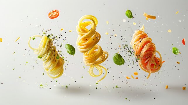 creative horizontal banner of floating pasta with seafood. Italian pasta with salmon and spices flying on white background. Italian cuisine restaurant menu, twisted spaghetti, levitating food