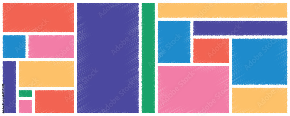 Poster set of colorful rectangles. hand drawn retro shapes collection. shapes with scribble shading texture