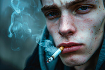 Close up of young man smoking a cigarette