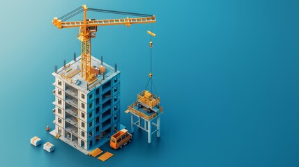 A construction site with a crane and a bunch of trucks