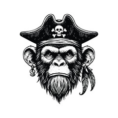  Pirate monkey  illustration.Vintage engraving isolated pirate monkey ink sketch. black and white hand drawn pirate monkey vector illustration