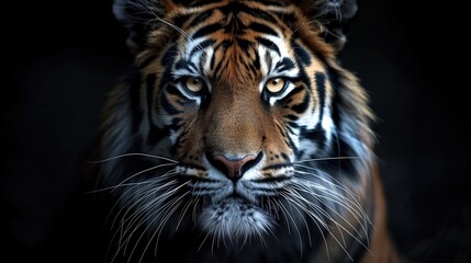 Majestic Close-Up of a Bengal Tiger with Intense Gaze in Dark Background
