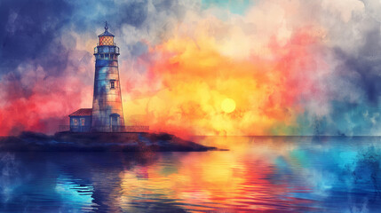 A lighthouse standing tall on the shore, illuminated by vibrant colors of sunrise or sunset, reflecting in calm waters. Watercolor painting style