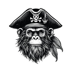  Pirate monkey  illustration.Vintage engraving isolated pirate monkey ink sketch. black and white hand drawn pirate monkey vector illustration