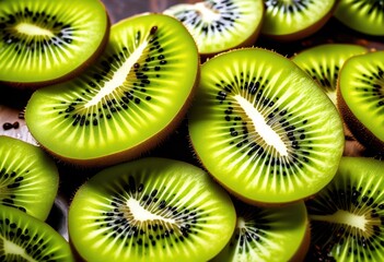 freshly sliced kiwi arranged vibrant fruit presentation, plate, green, healthy, nutritious, delicious, organic, tropical, juicy, snack, exotic, colorful, natural