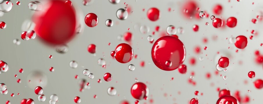 Macro shot of red bubbles floating in liquid with a white background