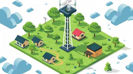 A cartoon drawing of a small town with houses and a tall tower