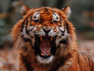 Fototapeta premium Fierce Roaring Tiger with Bared Teeth, Intense Wildlife Photography 
