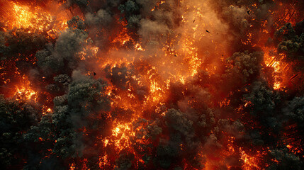Burning forest with flames, top view, highlighting the vivid and destructive fire, advanced tone, Complementary Color Scheme