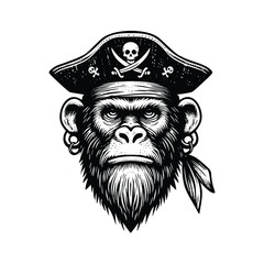  Pirate monkey  illustration.Vintage engraving isolated pirate monkey ink sketch. black and white hand drawn pirate monkey vector illustration