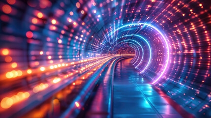 Glowing lights in abstract digital tunnel, side view, featuring a captivating and futuristic design, digital tone, Analogous Color Scheme