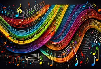 vibrant rainbow colored music staff drawing blackboard background, colorful, notes, clef, symbols, melody, tune, treble, bass, pitch, scale, harmony