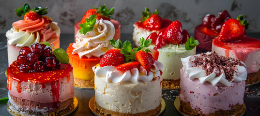 Obraz premium A variety of strawberry cheesecakes with different fillings and toppings