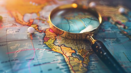 A magnifying glass focusing on a map with various statistical markers, symbolizing geographical data analysis