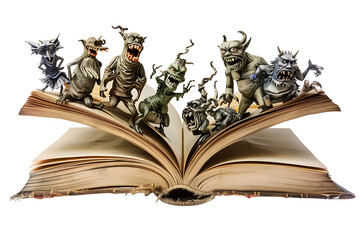 An open book of fairy tales with scary characters.