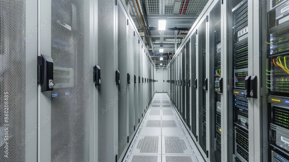 Poster a modern server room with rows of computers and networking equipment, symbolizing technological busi