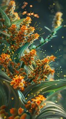 Close-up of vibrant orange flowers with green leaves, captured in dreamy light, creating a magical and serene atmosphere.