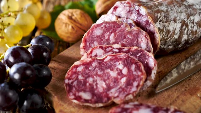 close up on slices of sausage, salami