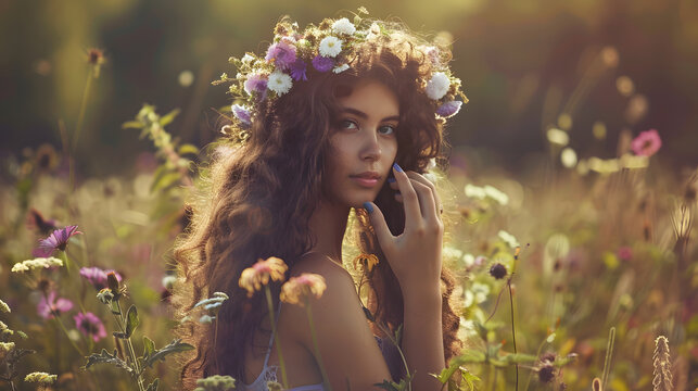 Summer lifestyle portrait of beautiful young brunnete woman with perfect long curly hair in a wreath of wild flowers Standing back in the flower field hands to the side Romantic mood N : Generative AI