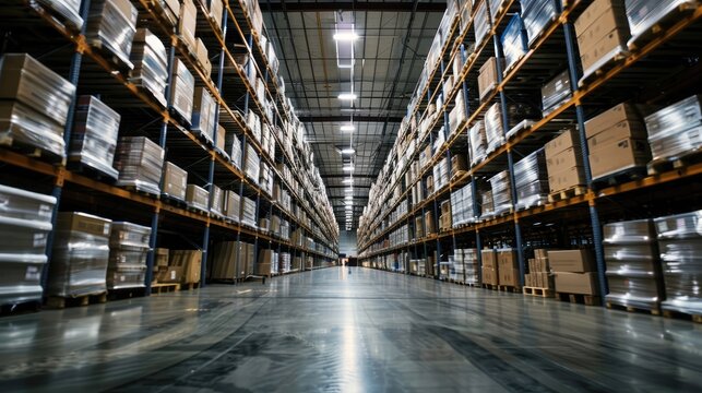 A modern warehouse interior with shelves full of neatly stacked boxes, symbolizing efficient business operations