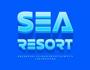 Vector travel flyer Sea Resort. Futuristic Blue Font. Modern Trendy  Alphabet Letters and Numbers set