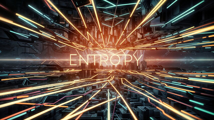 An abstract futuristic city with a lot of neon lights and the word 'ENTROPY' in the center