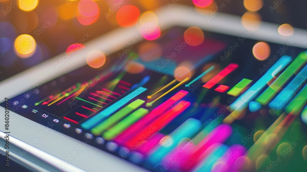 Poster a row of colorful investment charts and graphs on a tablet screen, symbolizing successful wealth acc