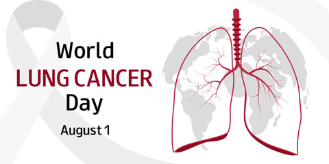 World Lung Cancer Day. August 1. Silhouette of  human lungs, world maps and ribbon. Medical banner, poster, presentation, social media template.