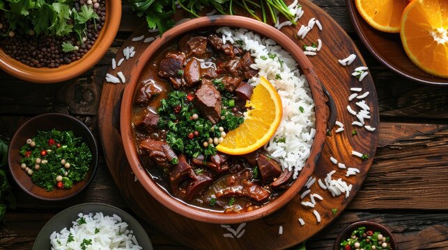 A rich Brazilian feijoada stew served with rice, orange slices, and greens, symbolizing a hearty and traditional meal