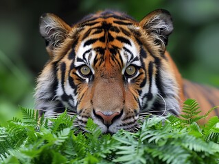 Fototapeta premium Stealthy Tiger Peeking Through Greenery, Majestic Wildlife in Natural Habitat 