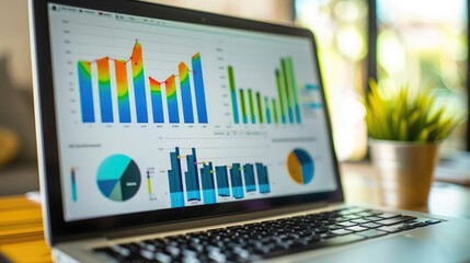 A series of colorful graphs and charts on a laptop screen, illustrating successful financial analysis and forecasting