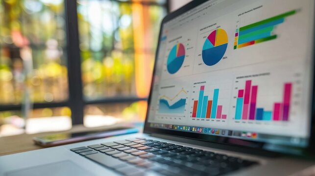 A series of colorful graphs and charts on a laptop screen, illustrating successful financial analysis and forecasting