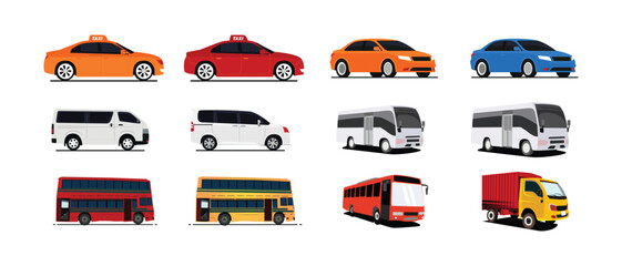 a set of different types of vehicles on a white background