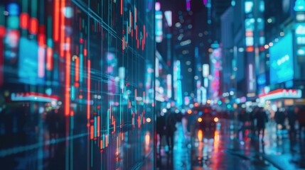 A stock market graph with candlestick patterns, set against a backdrop of a bustling financial district